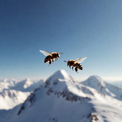 Two Bees Flying Over Snowy Mountains