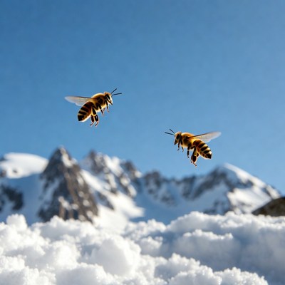 Two Bees Flying Over Snowy Mountains
