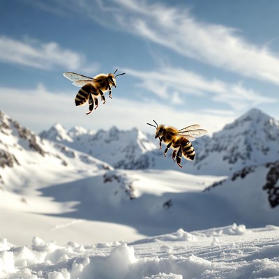 Two Bees Flying Over Snowy Mountains
