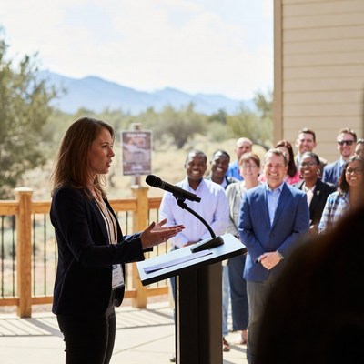 Woman speaking at outdoor podium