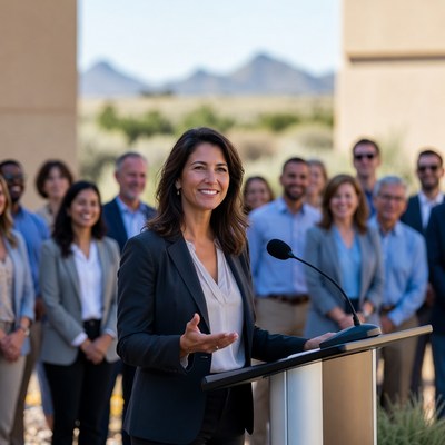 Woman speaking at podium with crowd