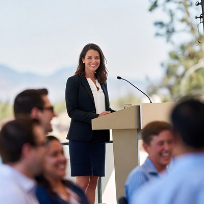 Woman speaking at outdoor podium
