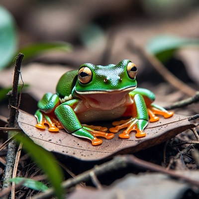 Green tree frog on leaf