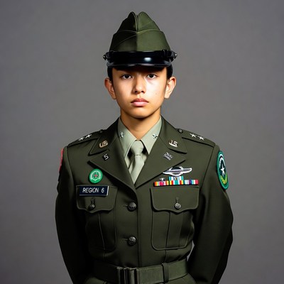 Asian girl in green military uniform