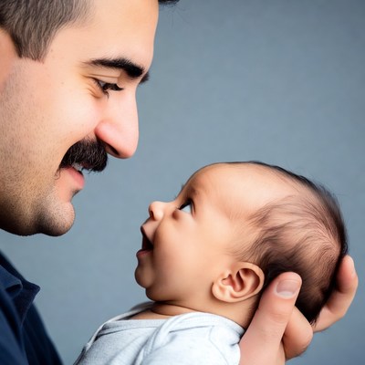 Father holding smiling baby
