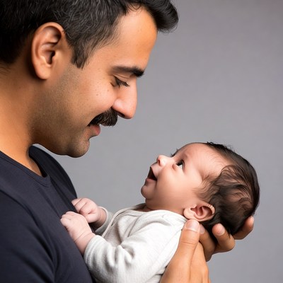 Father holding smiling baby