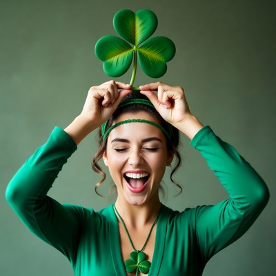 Woman wearing four-leaf clover on head