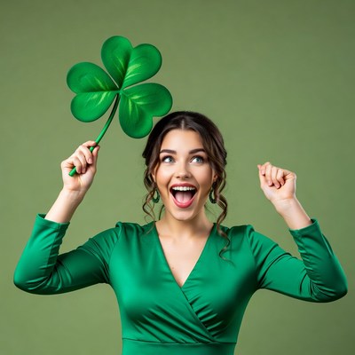 Excited woman holding four-leaf clover