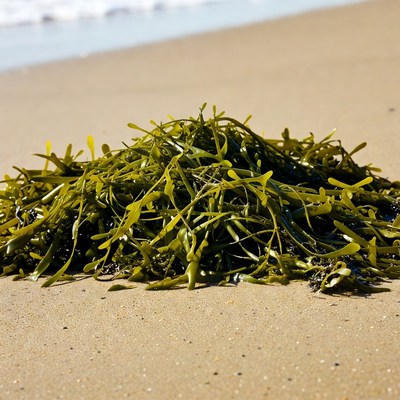 Seaweed pile on sandy beach