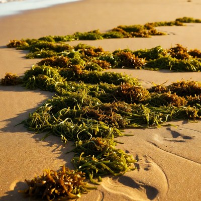 Seaweed washed up on beach sand