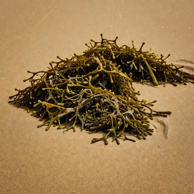 Seaweed pile on sandy beach