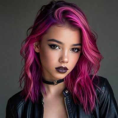 Woman with pink hair and leather jacket