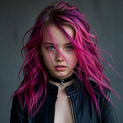 Girl with pink hair in leather jacket