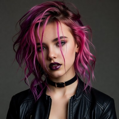 Woman with pink hair and leather jacket