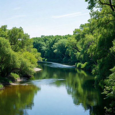 River flowing through green trees