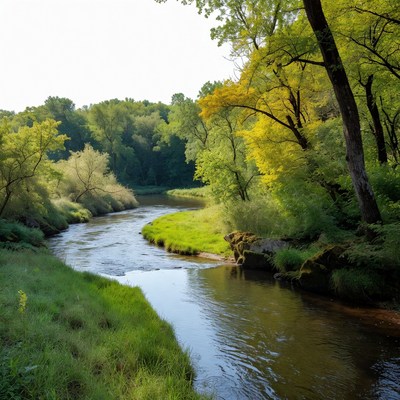 Winding River Through Autumn Forest