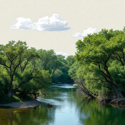 River flowing through green trees