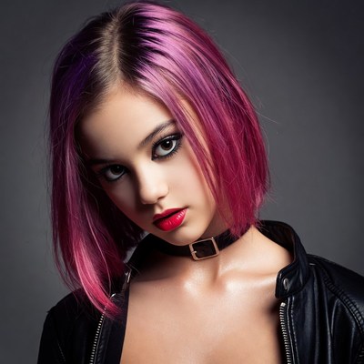Girl with pink bob haircut and choker