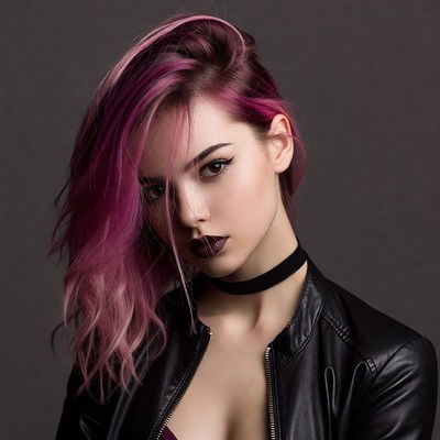 Woman with pink hair in leather jacket