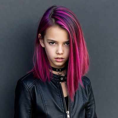 Teen girl with pink hair and leather jacket