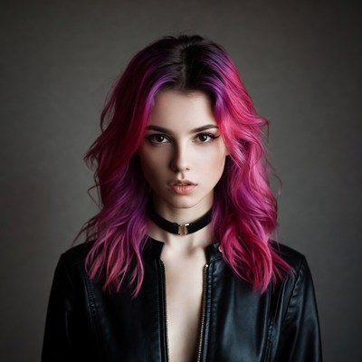 Woman with pink hair in leather jacket