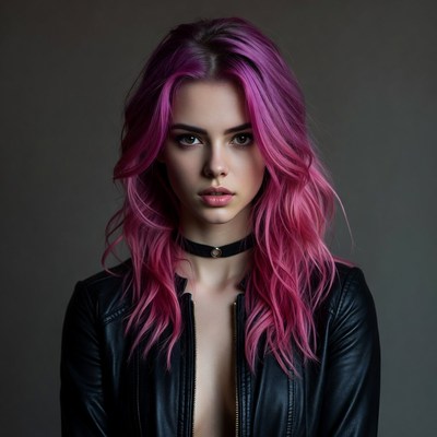 Woman with pink hair in leather jacket