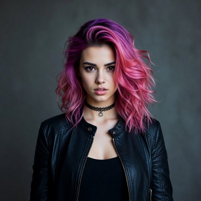 Woman with pink wavy hair and leather jacket