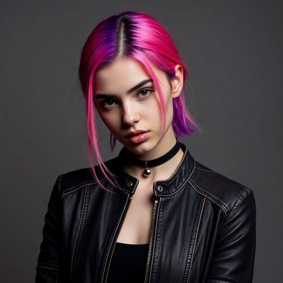 Woman with pink split hair in leather jacket