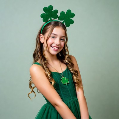 Girl wearing shamrock headband and dress