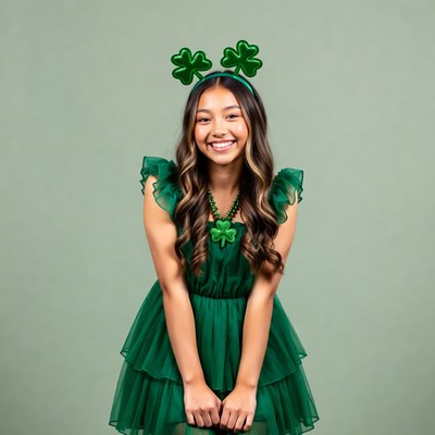 Asian girl in green shamrock St. Patrick's dress