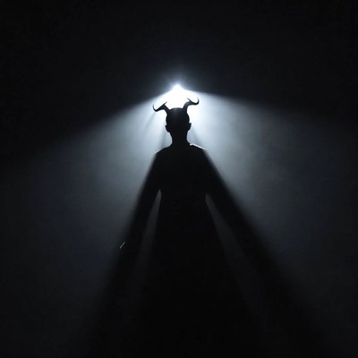 Silhouette of horned demon in spotlight