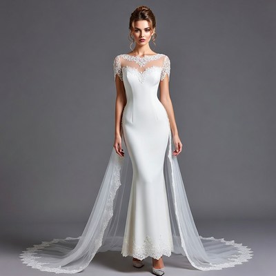 Woman in white lace mermaid wedding gown