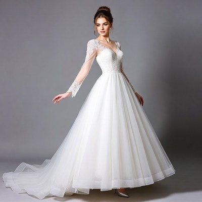 Woman in Long Sleeve Lace Wedding Dress