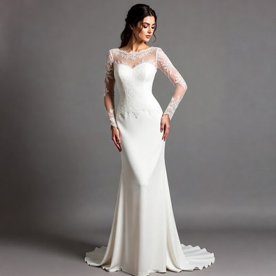 Woman in Long Sleeve Lace Wedding Dress