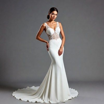 Brunette woman in white lace mermaid gown