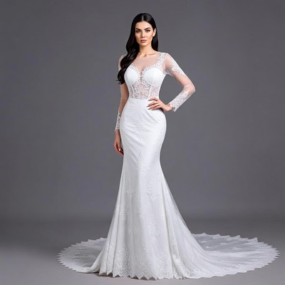 Woman in white lace mermaid wedding dress