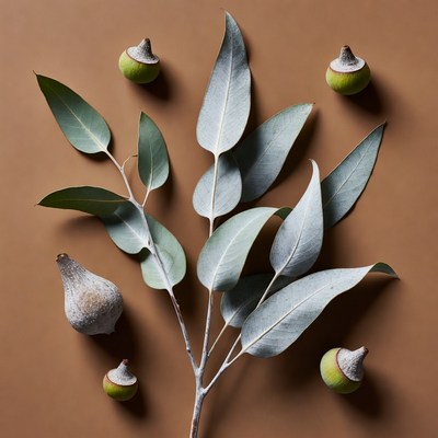 Eucalyptus Leaves and Buds on Brown Background