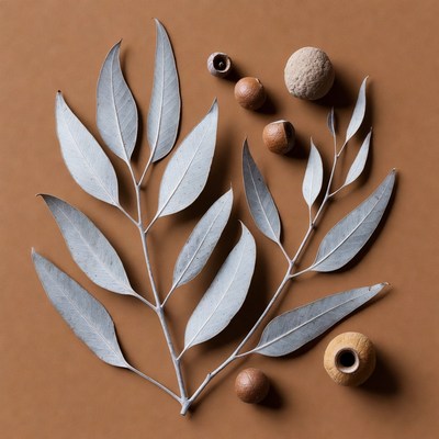 Eucalyptus Leaves and Nuts on Brown Background