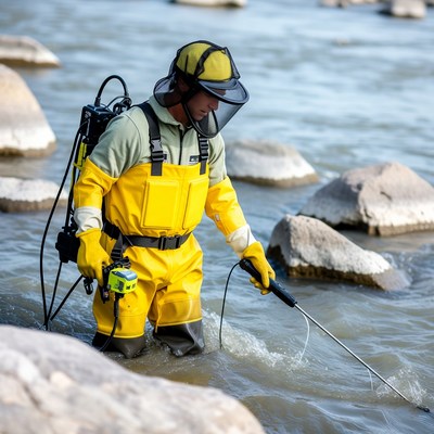 Man in yellow hazmat suit sampling river water