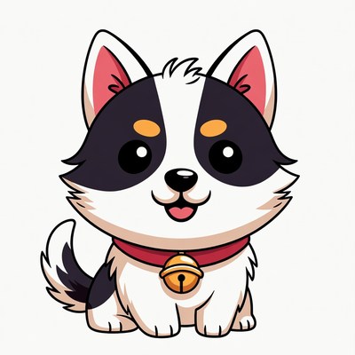 Cute black and white puppy with bell collar