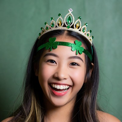 Asian girl in green shamrock crown