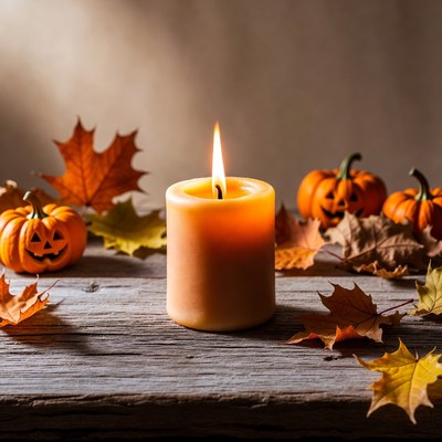 Lit Candle with Jack-o-Lanterns and Autumn Leaves