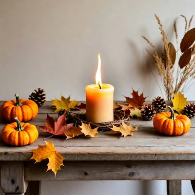 Fall Candle with Pumpkins and Leaves