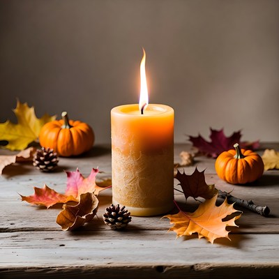 Lit Candle with Pumpkins and Autumn Leaves