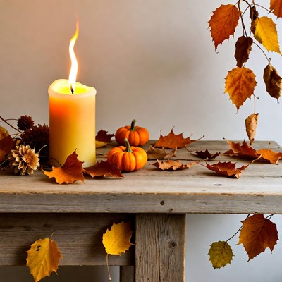 Lit Candle with Pumpkins and Autumn Leaves