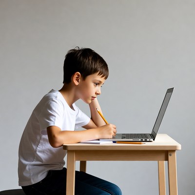 Boy studying on laptop with pencil