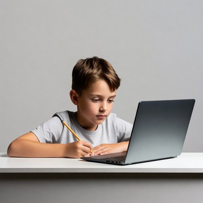 Boy writing on laptop