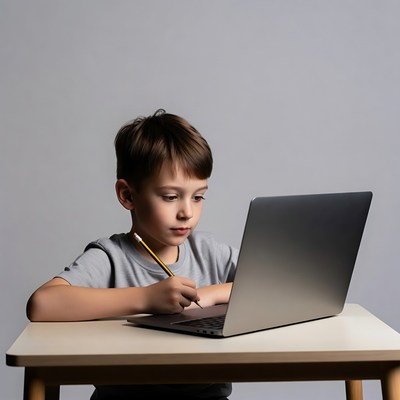 Boy using laptop with pencil