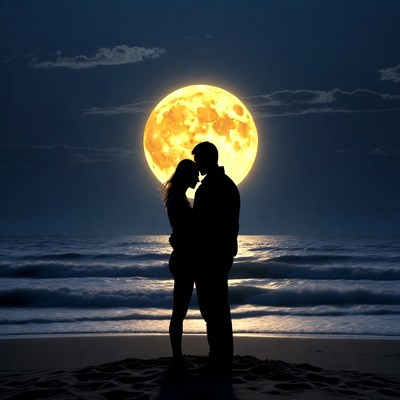 Silhouette couple embracing under full moon beach