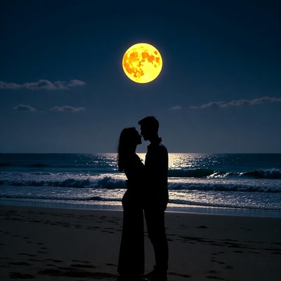 Silhouette couple kissing under full moon beach